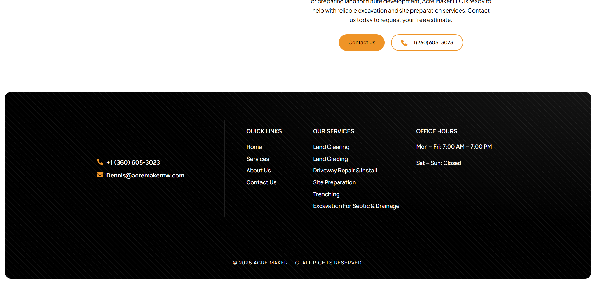 AcreMaker NW footer — quick links, services, and office hours
