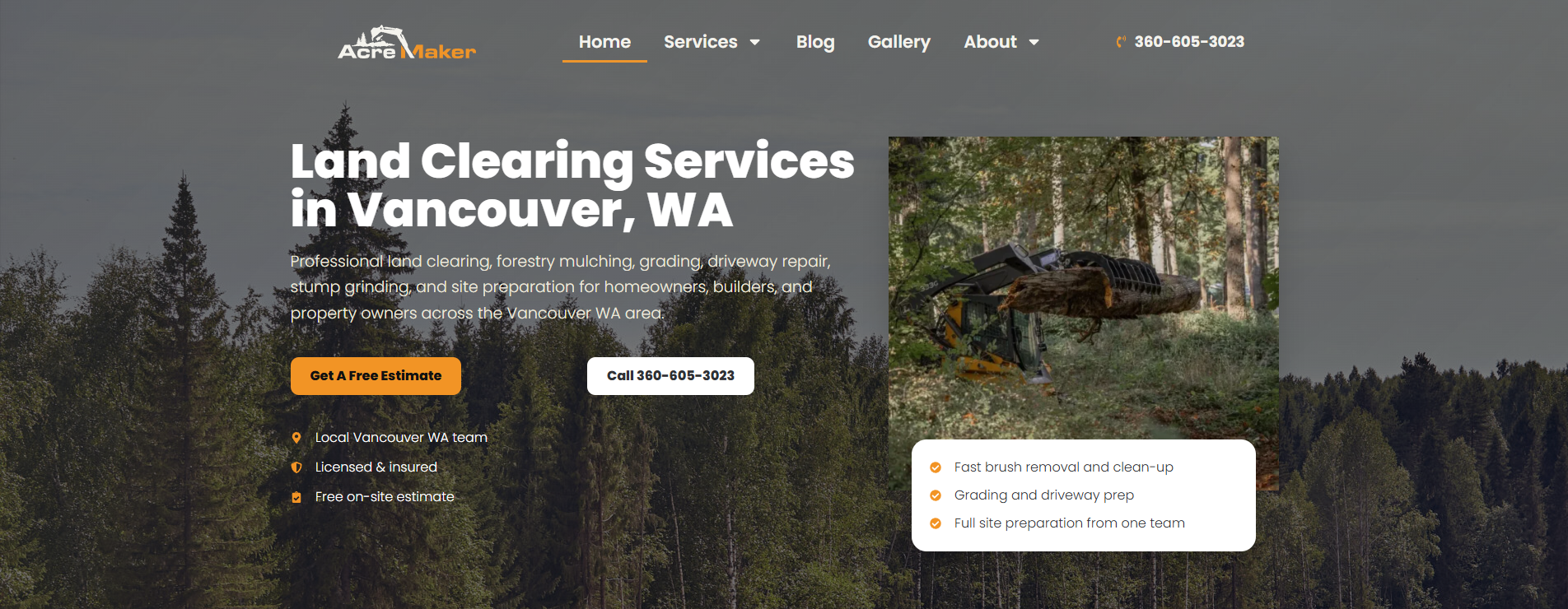 AcreMaker NW land clearing services website — Vancouver WA