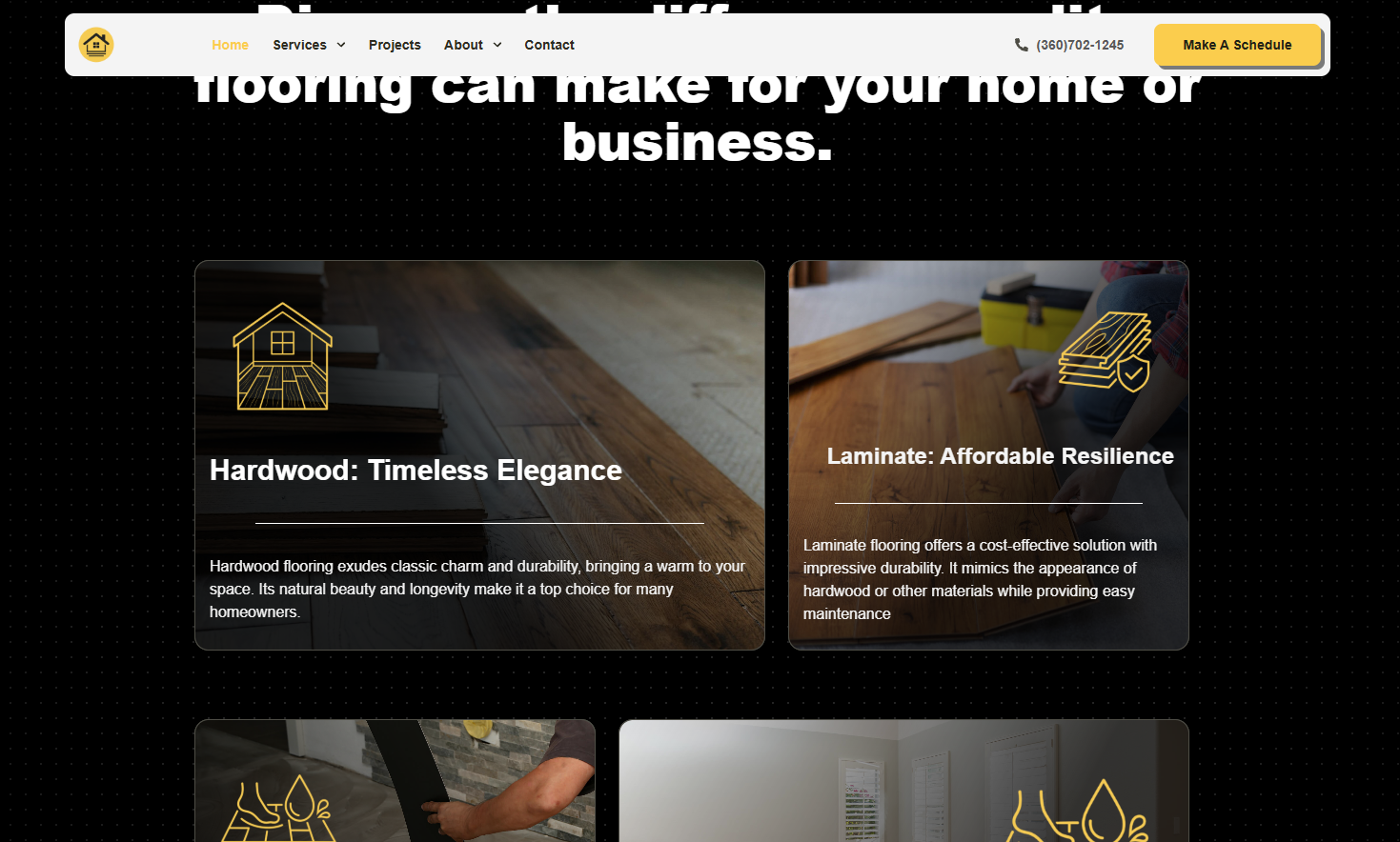 Dwell Installations homepage — flooring type breakdown (hardwood, laminate, vinyl, tile)