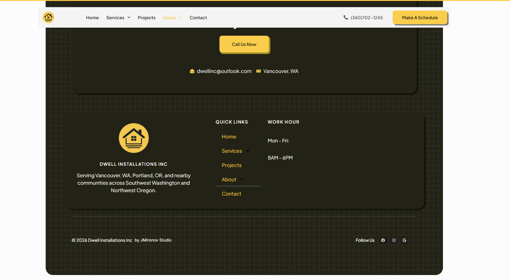 Dwell Installations About Us page — mission and company values