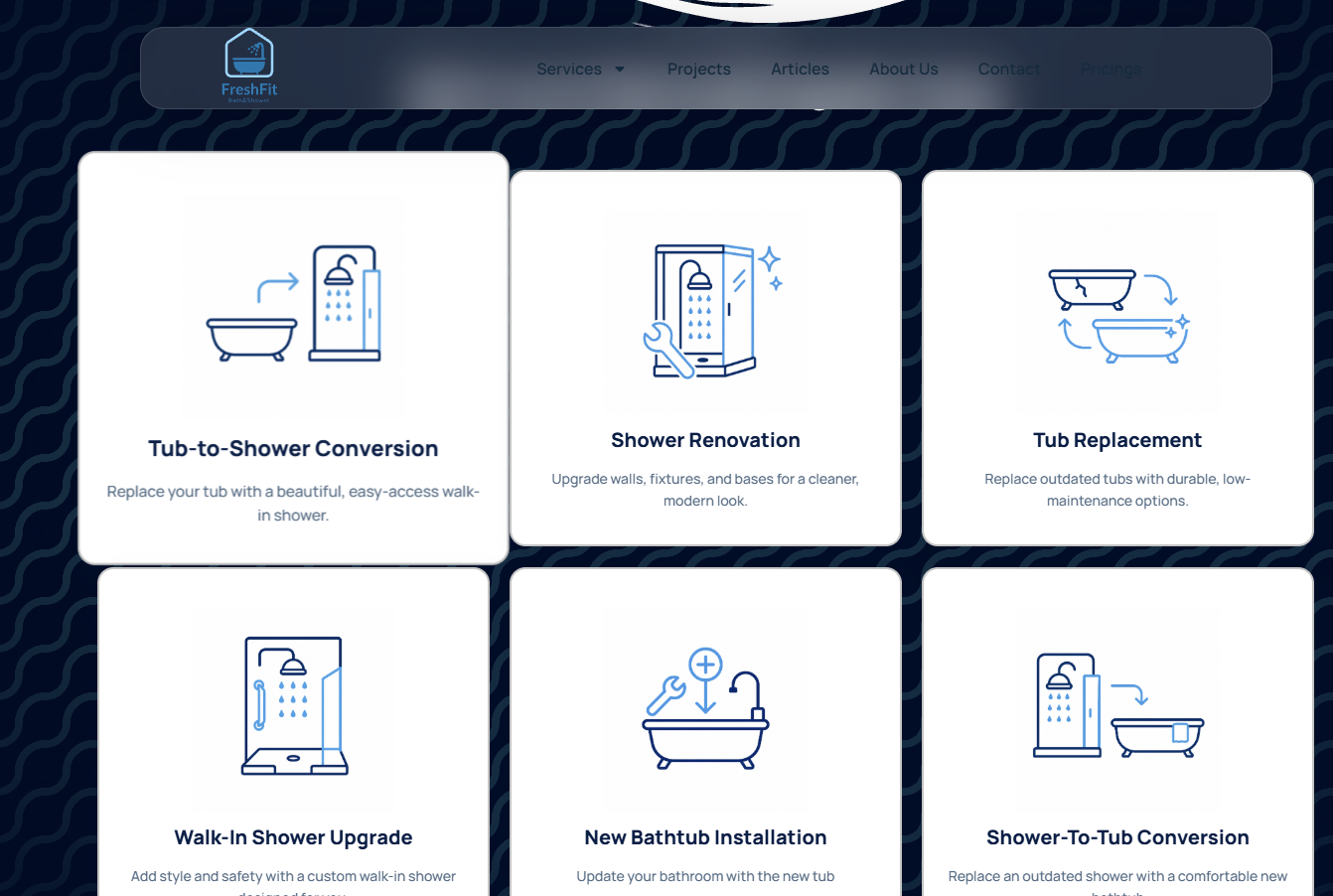 FreshFit Bath services page — Tub-to-Shower Conversion, Shower Renovation, Tub Replacement, and more