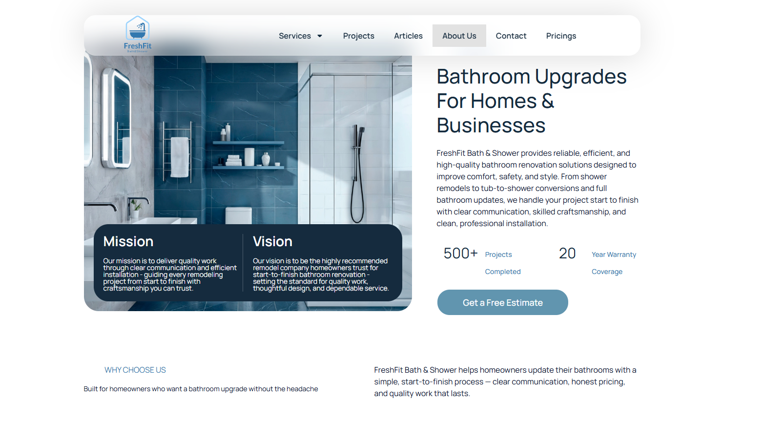 FreshFit Bath About Us page — mission, vision, and company stats
