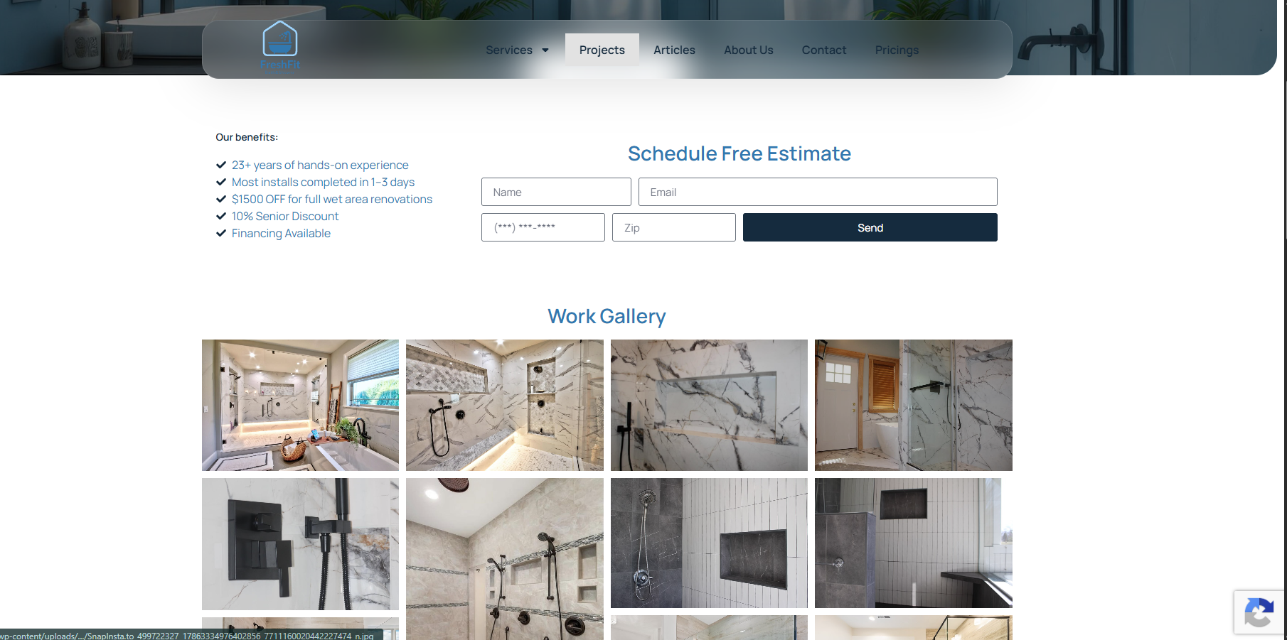 FreshFit Bath Projects page — work gallery of completed bathroom remodels