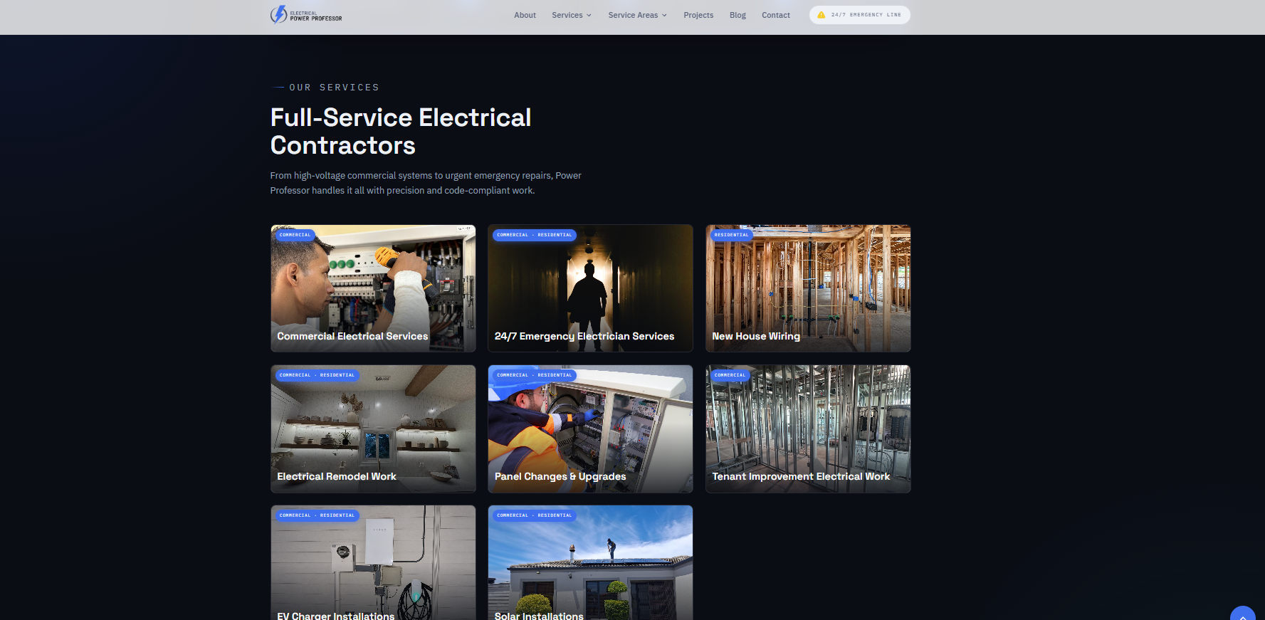 Power Professor services grid — commercial electrical, emergency service, wiring, panel upgrades, EV chargers, and solar