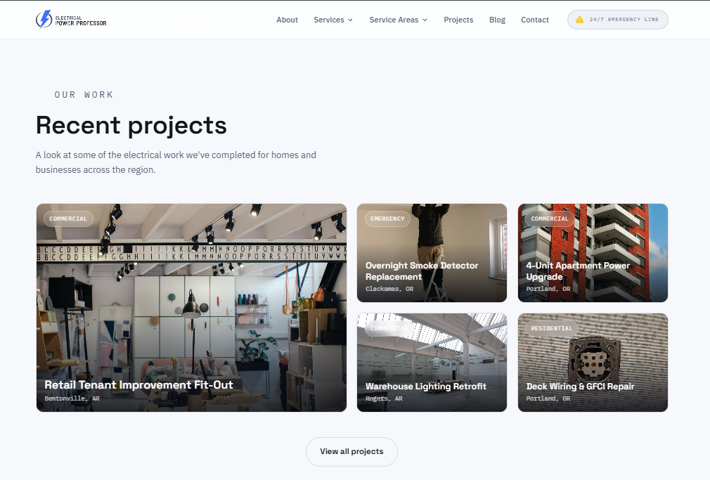 Power Professor Projects page — recent electrical work across residential and commercial jobs